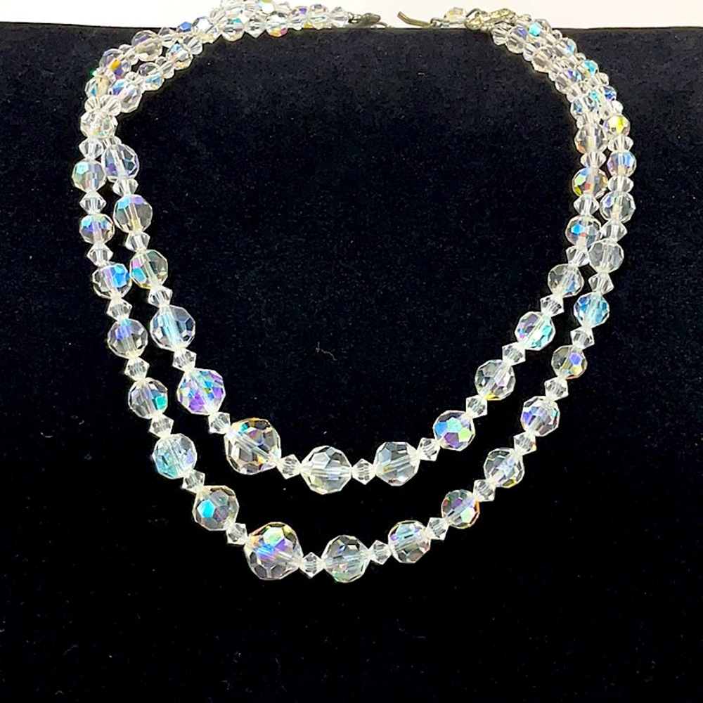 Vintage 14” 1930’s Double Strand Glass Aurora Borealis Crystal Beaded Necklace - Picture 5 of 5